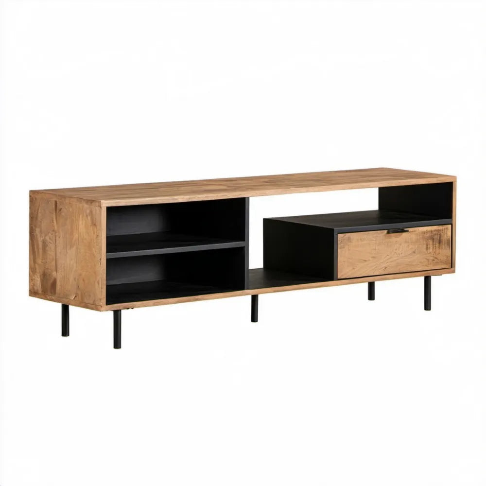 Szafka RTV z litego drewna mango, naturalna/czarna, 140 x 40 x 50 cm
