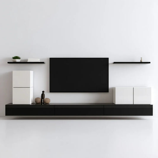 Wiszący zestaw mebli RTV 5-elementowy z MDF, czarno-biały, 240 × 35 × 110 cm