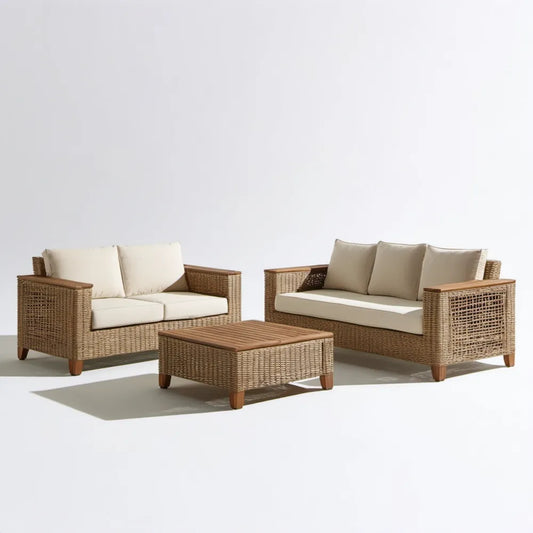 Beżowy zestaw mebli ogrodowych z technorattanu – 2 sofy 195 × 80 × 75 cm i stolik 110 × 60 × 42 cm