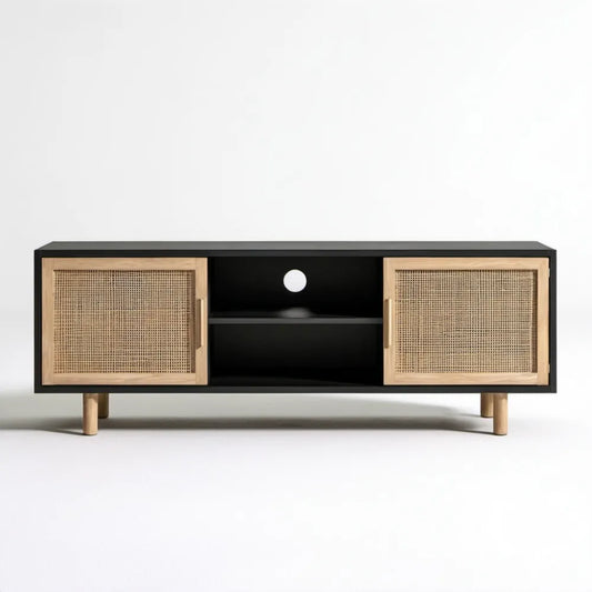 Czarna szafka RTV z rattanowymi frontami, 140 × 40 × 60 cm