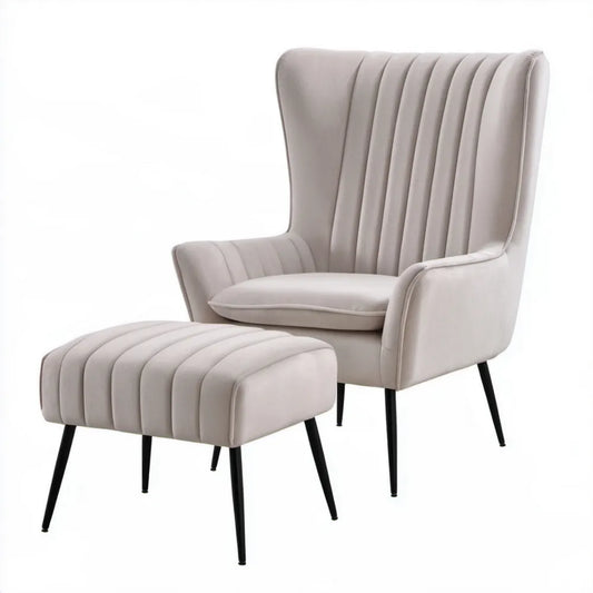 Jasnoszary fotel uszak z czarnymi nogami i podnóżkiem 78 x 86 x 108 cm, podnóżek 60 x 42 x 42 cm